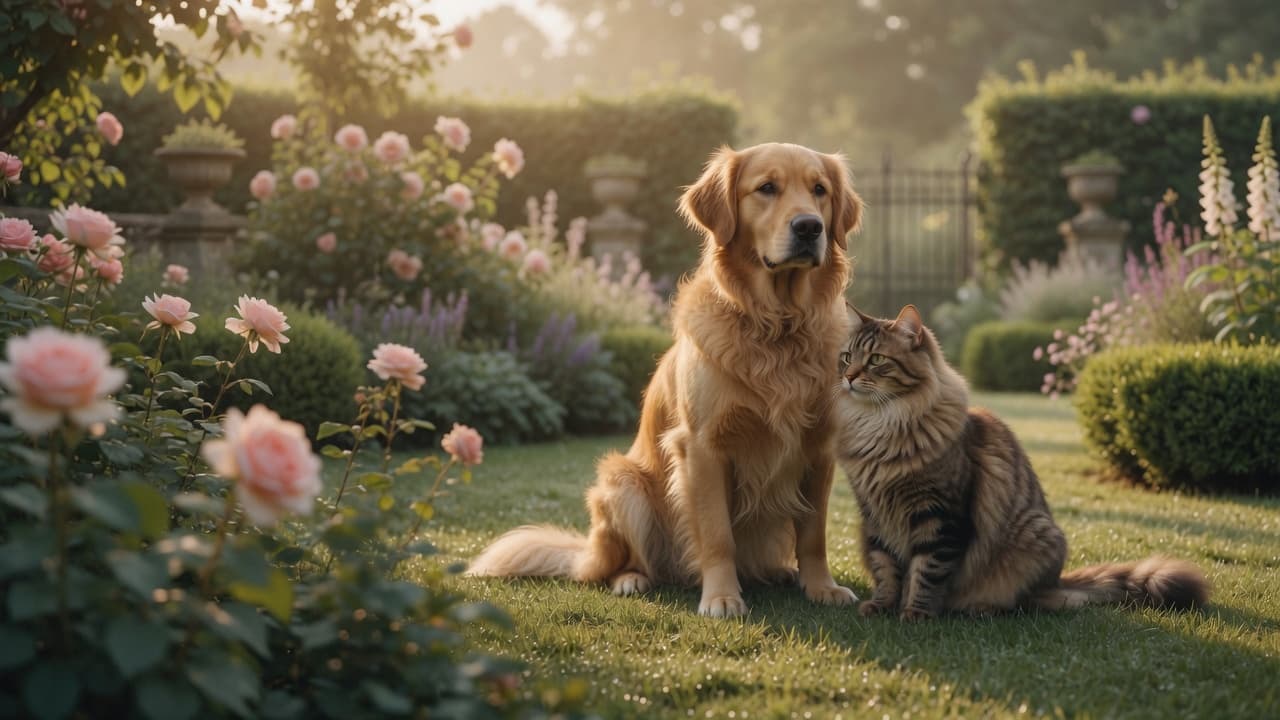 Golden retriever and tabby cat in a sunlit garden — Vital Paws Wellness